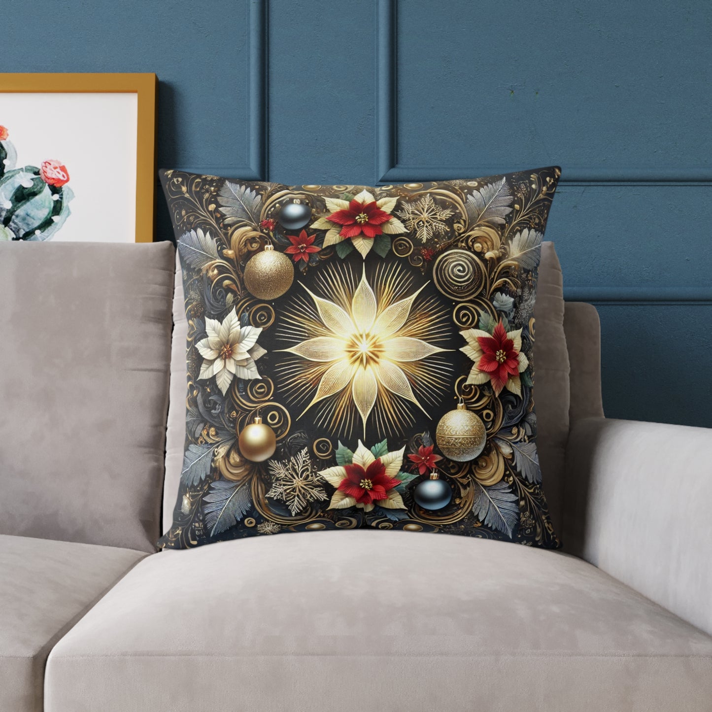 Golden Poinsettia Radiance Holiday Pillow