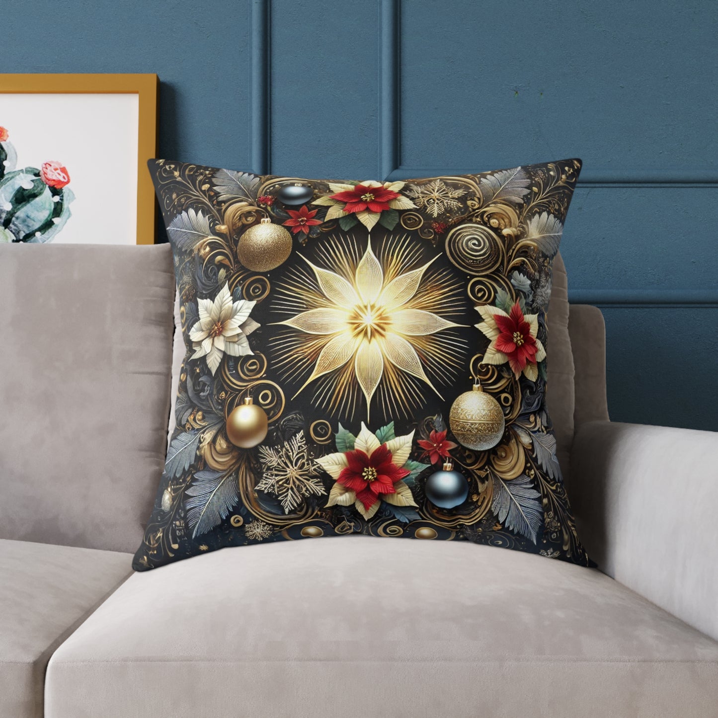 Golden Poinsettia Radiance Holiday Pillow