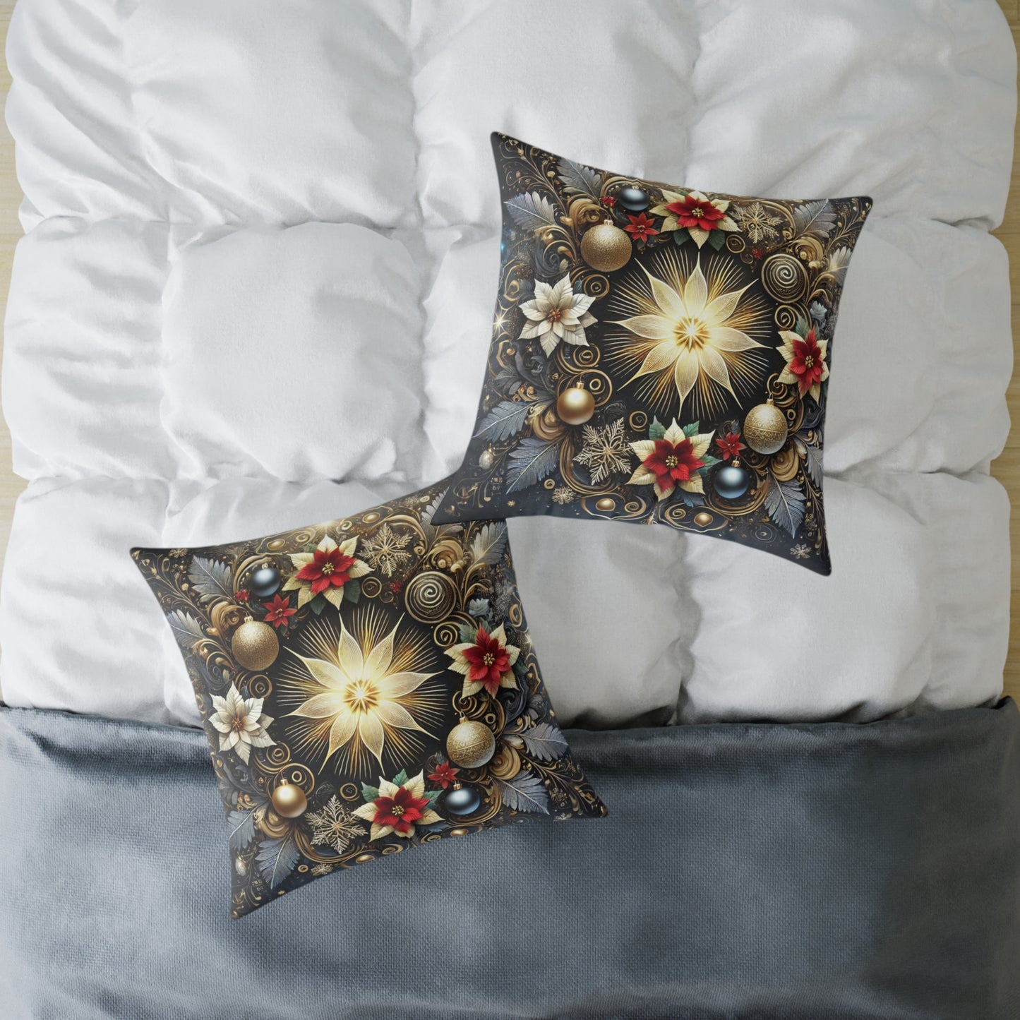 Golden Poinsettia Radiance Holiday Pillow