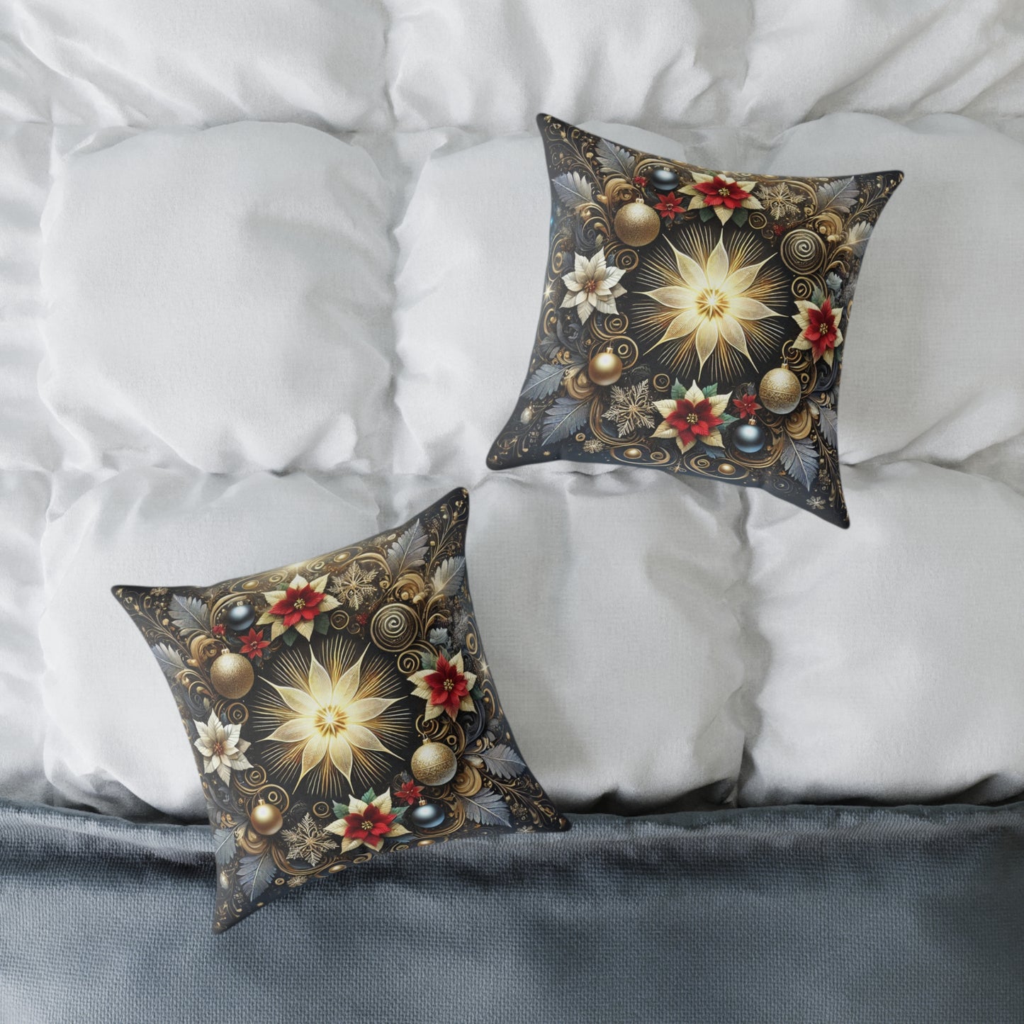 Golden Poinsettia Radiance Holiday Pillow