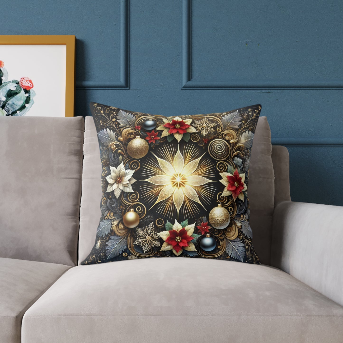 Golden Poinsettia Radiance Holiday Pillow