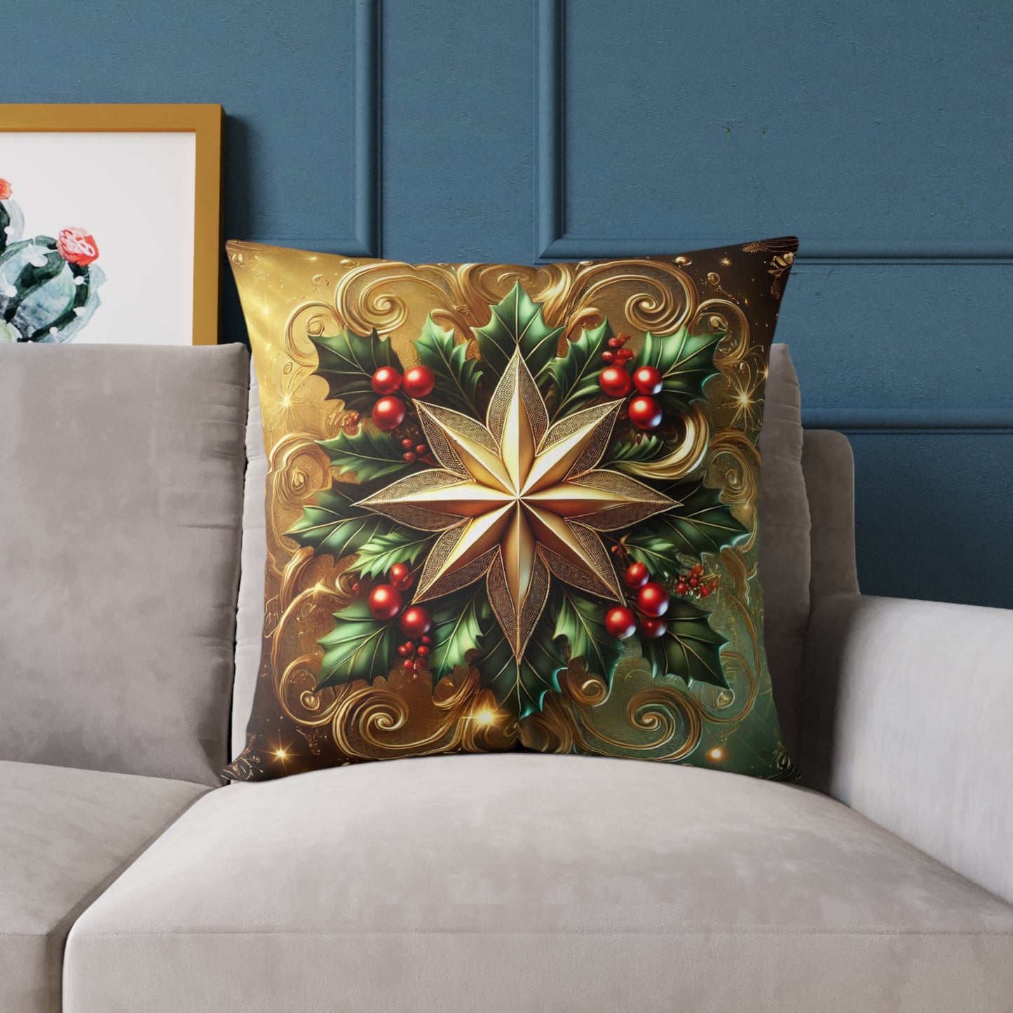 Golden Radiance Holiday Star Throw Pillow