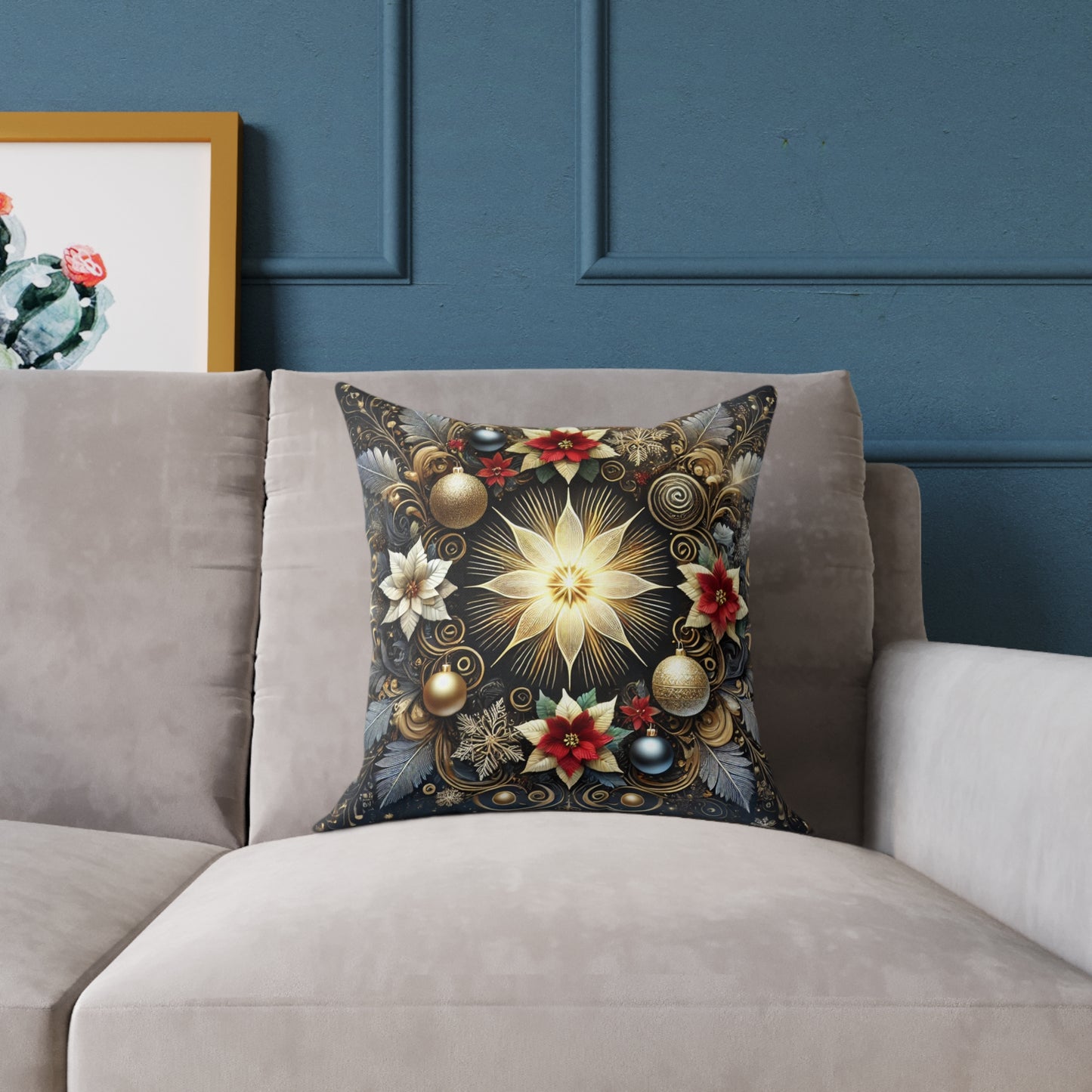 Golden Poinsettia Radiance Holiday Pillow