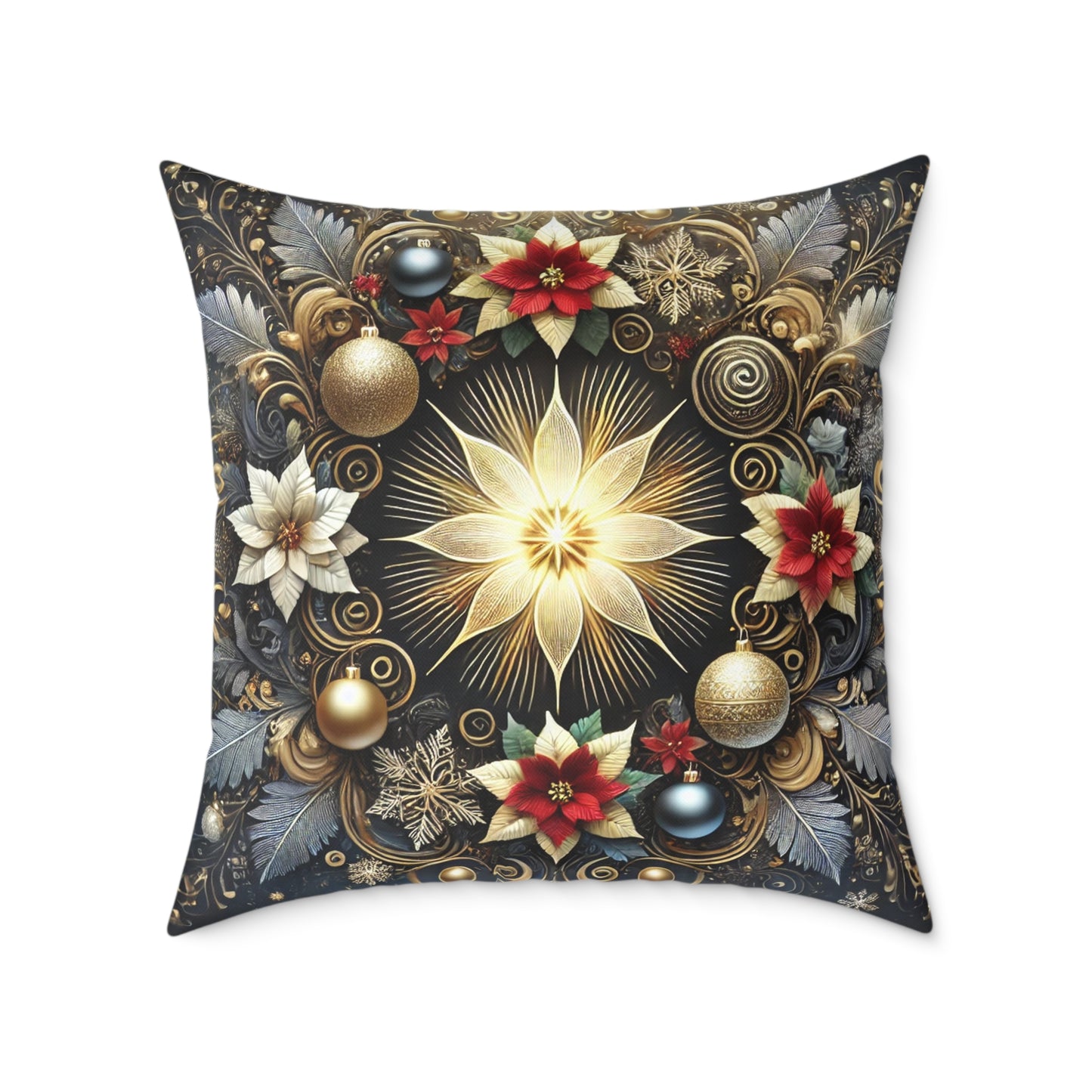 Golden Poinsettia Radiance Holiday Pillow