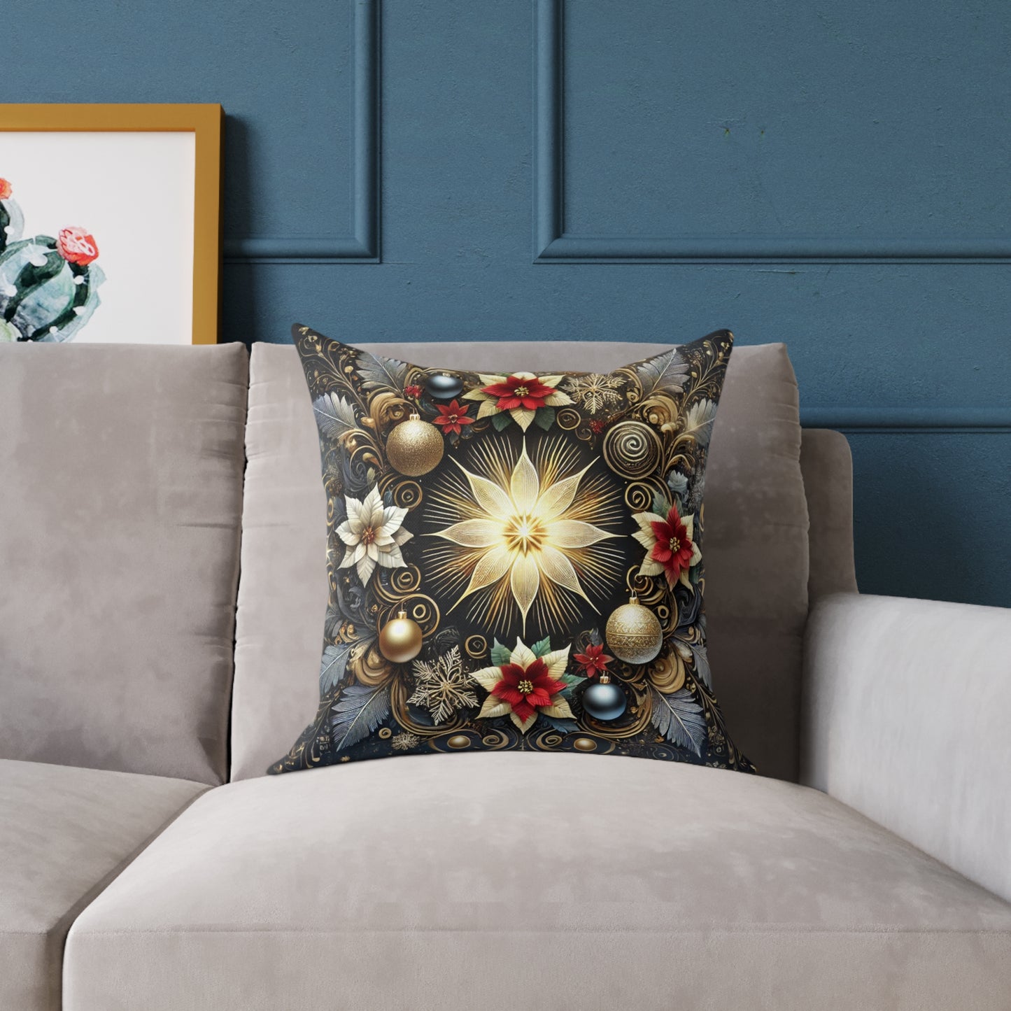 Golden Poinsettia Radiance Holiday Pillow