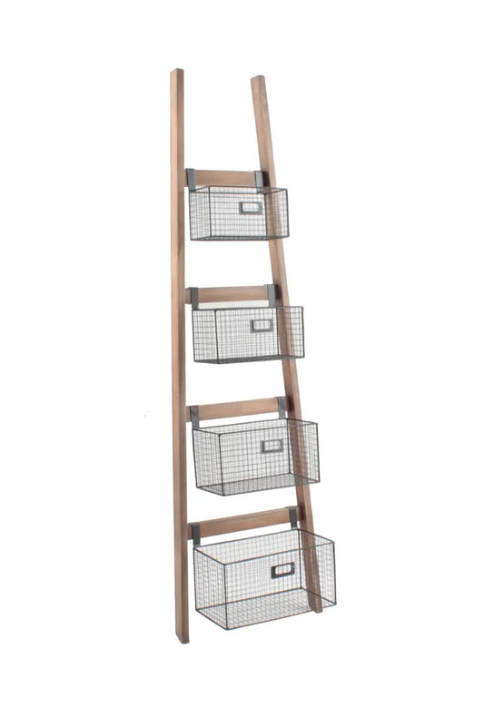 Home Décor Wood Ladder Shelf w/ Wire Baskets