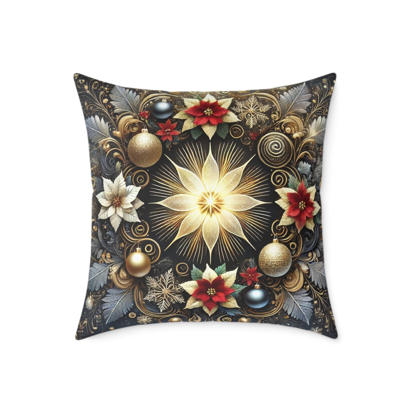 Golden Poinsettia Radiance Holiday Pillow