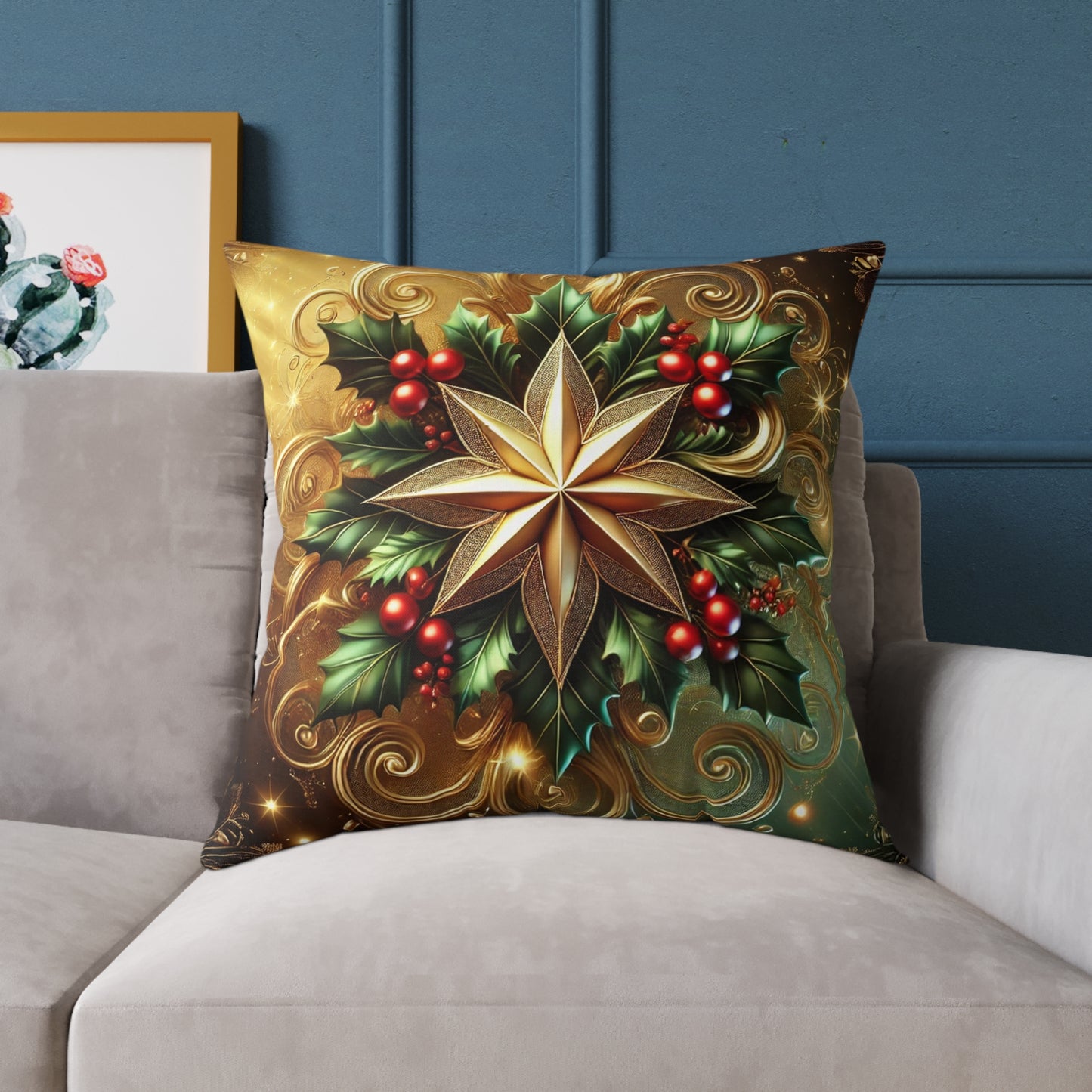 Golden Radiance Holiday Star Throw Pillow