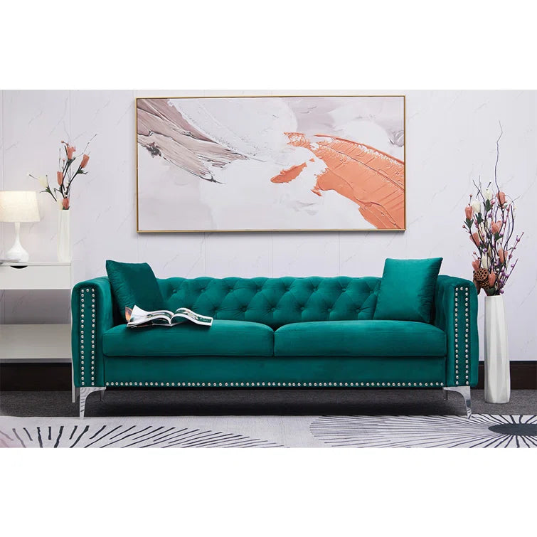 78" Green Velvet Sofa - Sofa Includes 2 Pillows