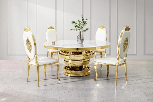 EleganceMarble Gold Round Dining Table – Luxurious White Marble & Gold Stainless Steel Base, 64" x 30"