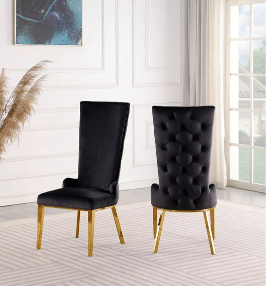 Set of 2 Black Velvet Armless Dining Chairs with Gold-Colored Legs