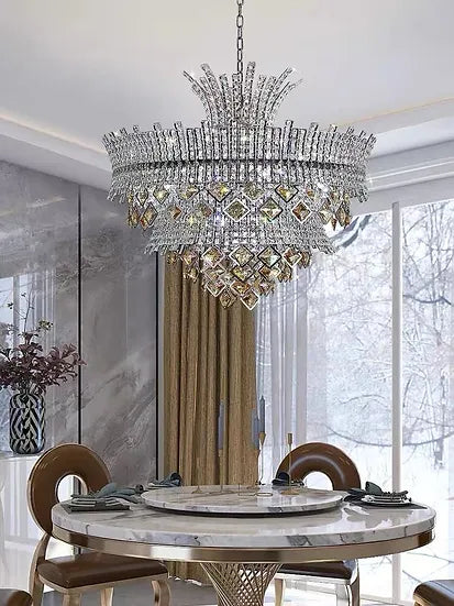 Radiant Elegance: A 32" x 31.2" Gold and Silver Crystal Chandelier