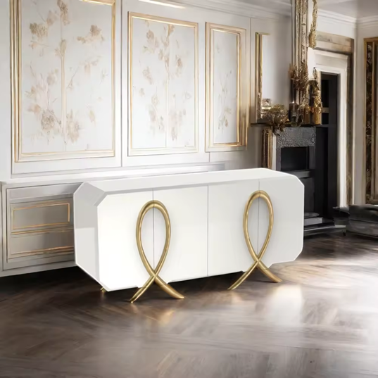 Glossy White Gold Leaf 4-Door MDF Console | 65"X18"X31"