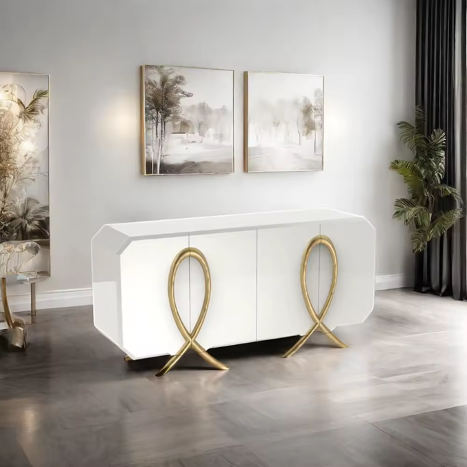 Glossy White Gold Leaf 4-Door MDF Console | 65"X18"X31"