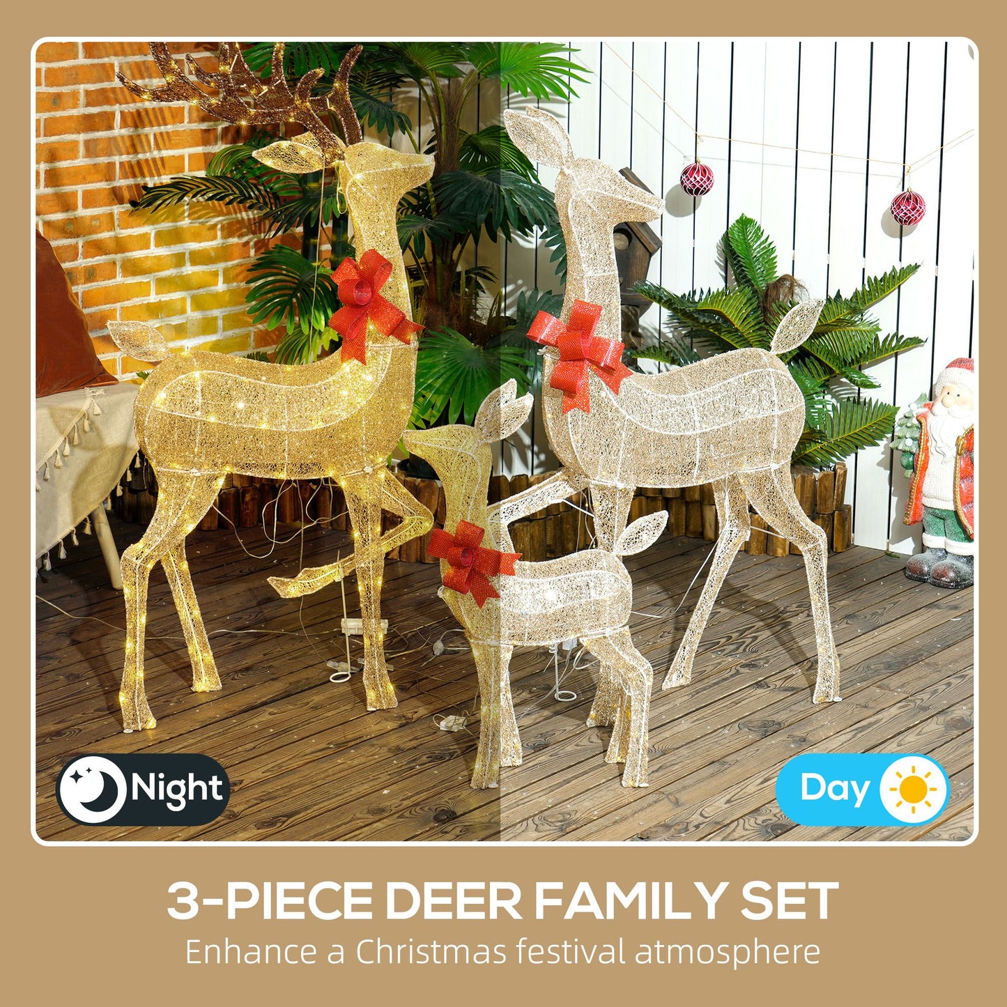 Outsunny 4.5ft 3-Piece Light Up Christmas Deer Family Set of 3, Lighted Reindeer Christmas Decorations with 3 LED Light Modes, Stakes, Zip Ties for Indoor, Outdoor, Yard, Lawn, Gold