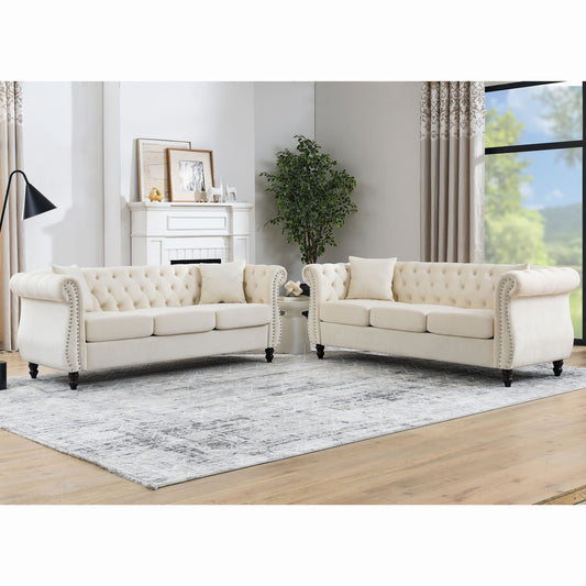 3-seater + 3-seater Combination sofa. Beige Velvet