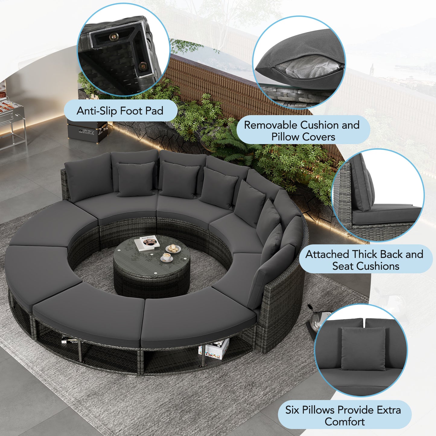 Outdoor Patio Furniture Luxury Circular Outdoor Sofa Set Rattan Wicker Sectional Sofa Lounge Set. 6 Pillows