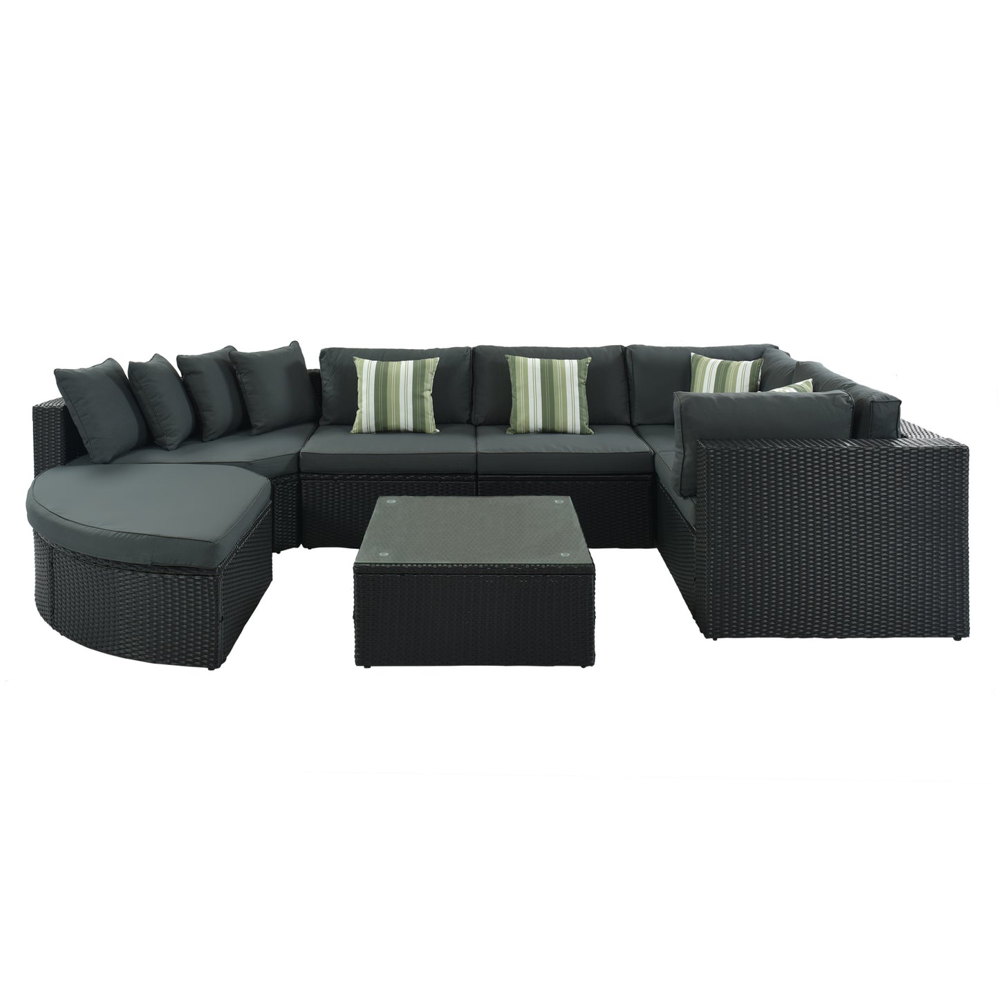 7-piece Outdoor Wicker Sofa Set; Rattan Sofa Lounger; With Striped Green Pillows; Conversation Sofa; For Patio; Garden; Deck; Black Wicker; Gray Cushion