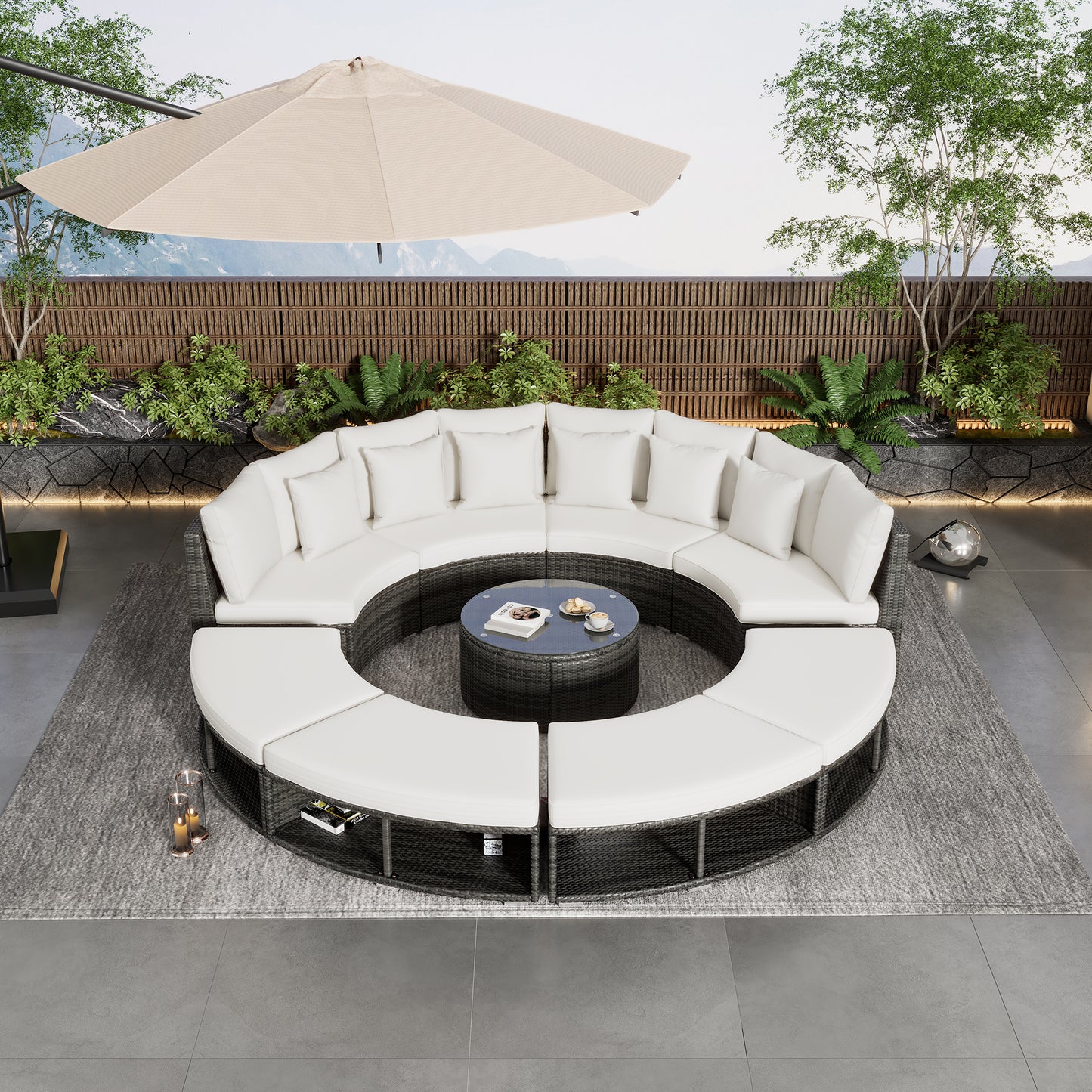 Outdoor Patio Furniture Luxury Circular Outdoor Sofa Set Rattan Wicker Sectional Sofa Lounge Set. 6 Pillows