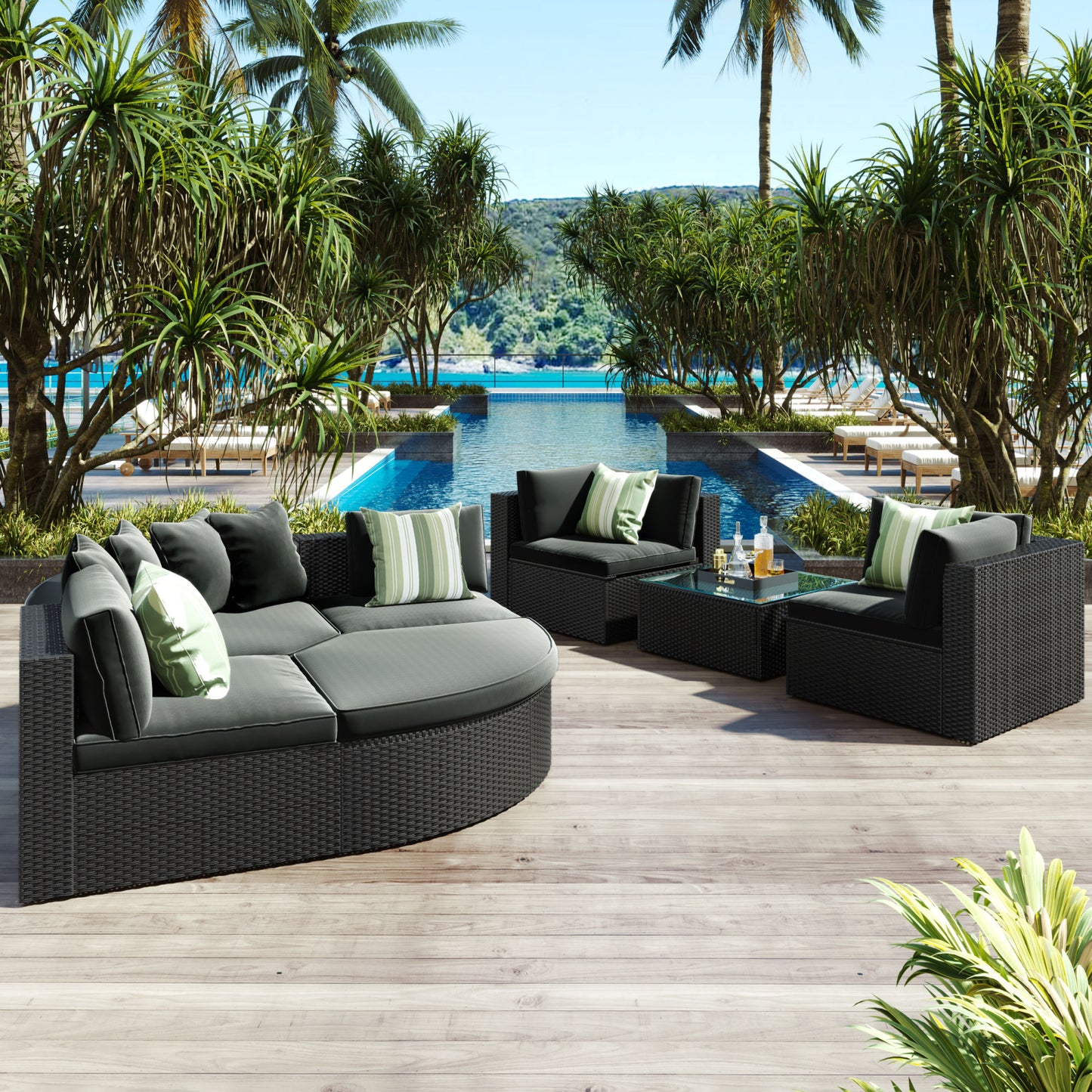 7-piece Outdoor Wicker Sofa Set; Rattan Sofa Lounger; With Striped Green Pillows; Conversation Sofa; For Patio; Garden; Deck; Black Wicker; Gray Cushion