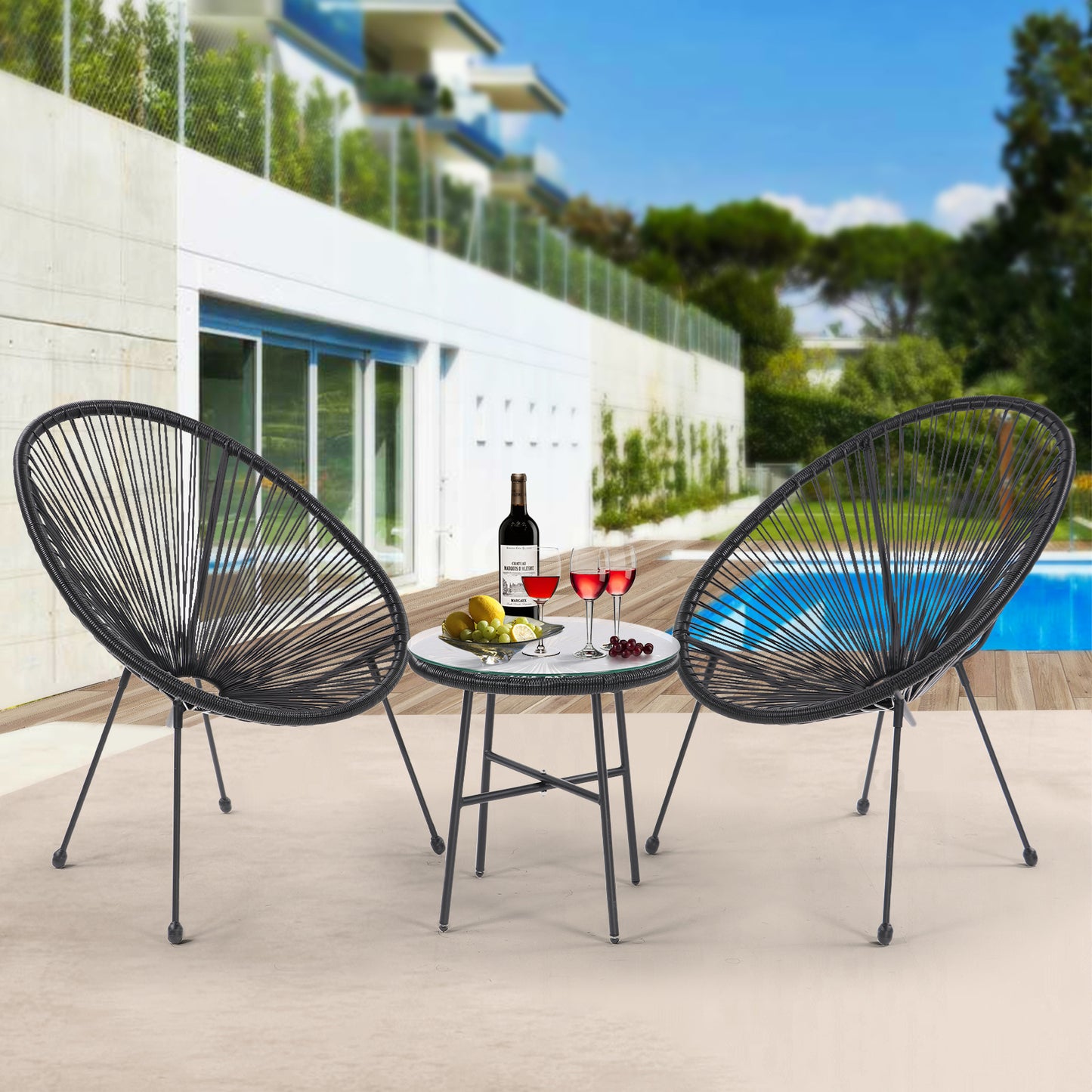 3 Piece Patio Bistro Conversation Set, Acapulco All-Weather PE Rattan Chair Set, Flexible Rope Furniture Outdoor, Garden, Backyard, Balcony or Poolside(Black)