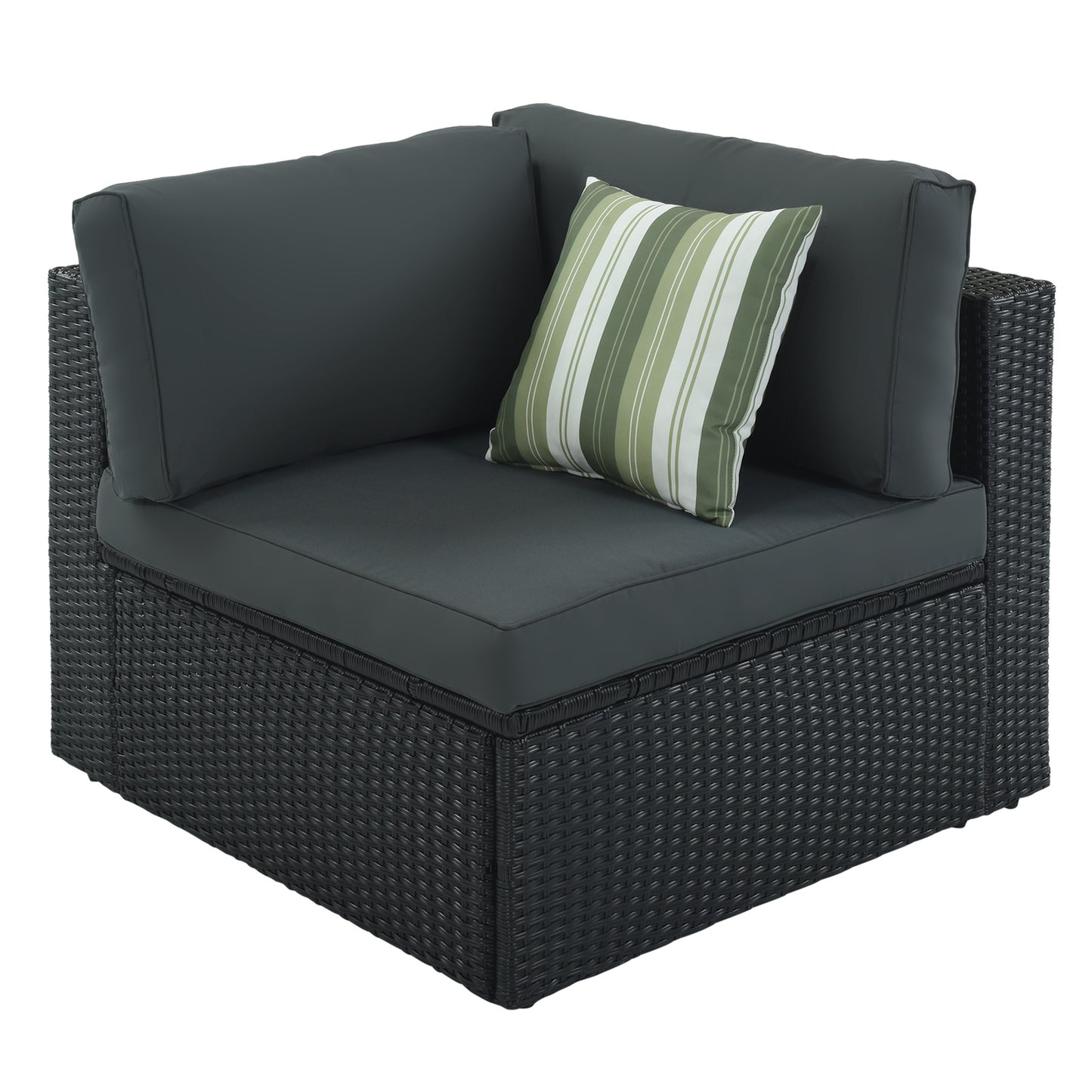 7-piece Outdoor Wicker Sofa Set; Rattan Sofa Lounger; With Striped Green Pillows; Conversation Sofa; For Patio; Garden; Deck; Black Wicker; Gray Cushion