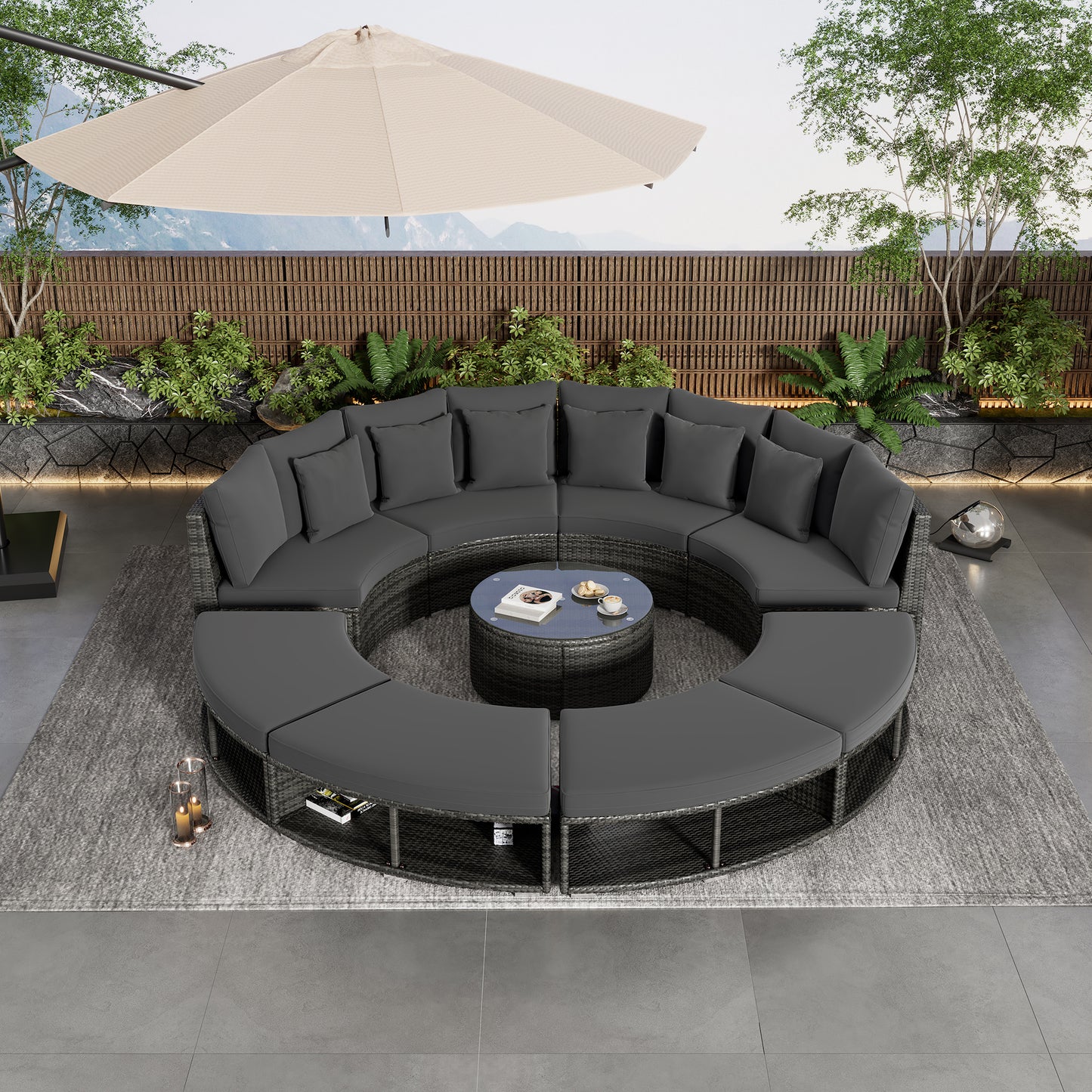 Outdoor Patio Furniture Luxury Circular Outdoor Sofa Set Rattan Wicker Sectional Sofa Lounge Set. 6 Pillows