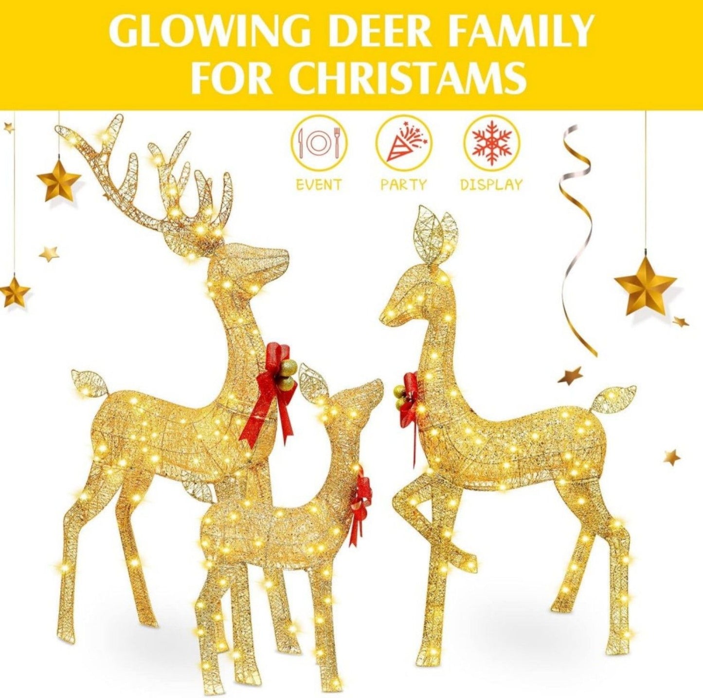 5ft 3-Piece Lighted Christmas Deer Family Set, Large Outdoor Yard Reindeer Holiday Decoration,Lighted Deer Set for Indoor Decor