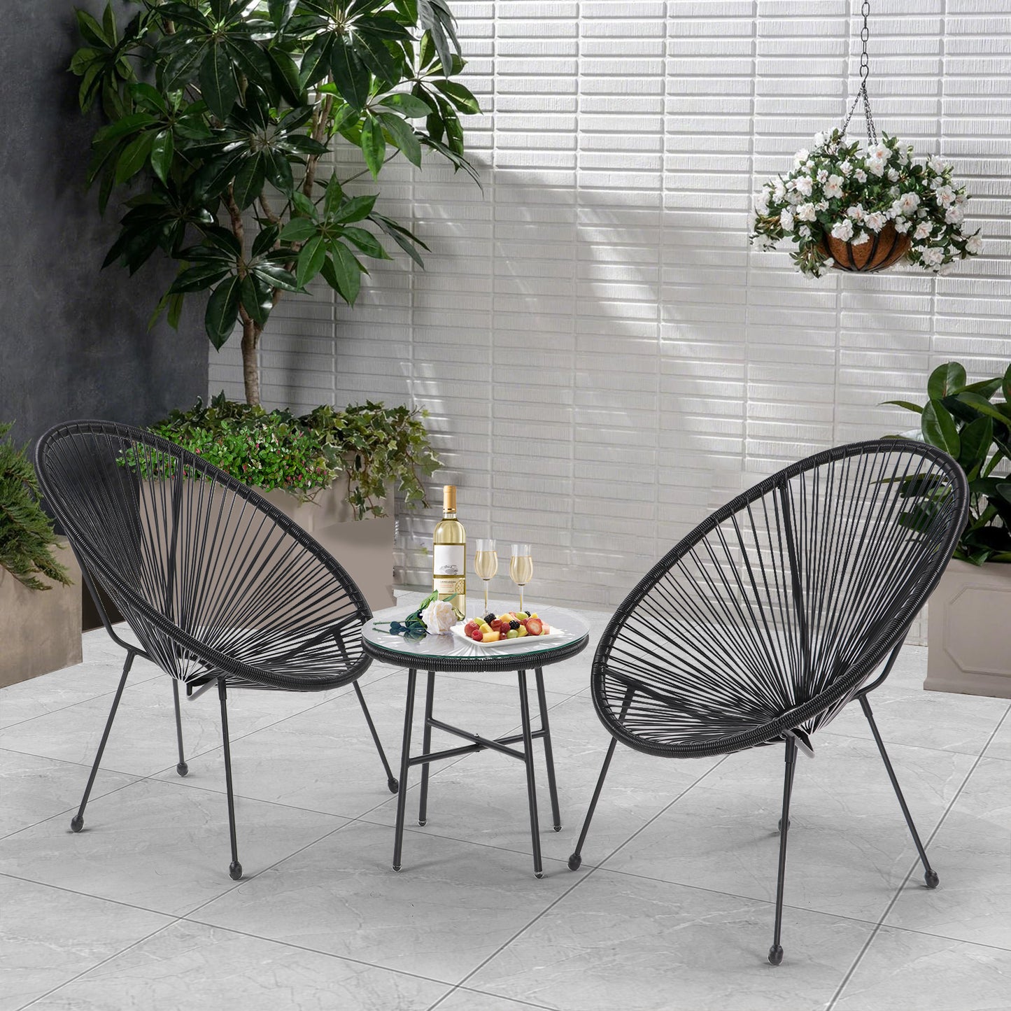 3 Piece Patio Bistro Conversation Set, Acapulco All-Weather PE Rattan Chair Set, Flexible Rope Furniture Outdoor, Garden, Backyard, Balcony or Poolside(Black)