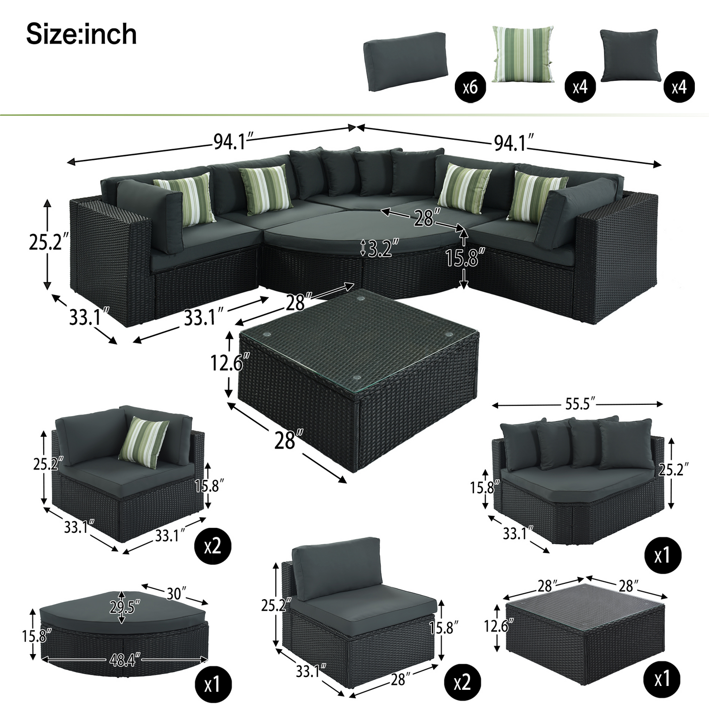 7-piece Outdoor Wicker Sofa Set; Rattan Sofa Lounger; With Striped Green Pillows; Conversation Sofa; For Patio; Garden; Deck; Black Wicker; Gray Cushion