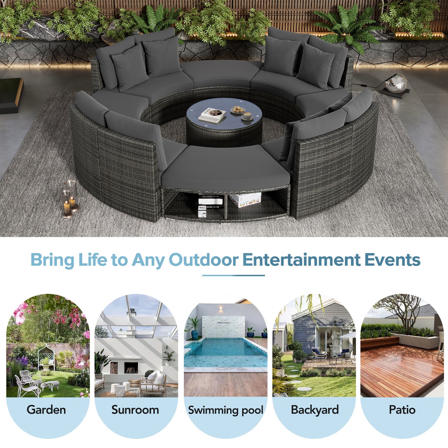 Outdoor Patio Furniture Luxury Circular Outdoor Sofa Set Rattan Wicker Sectional Sofa Lounge Set. 6 Pillows