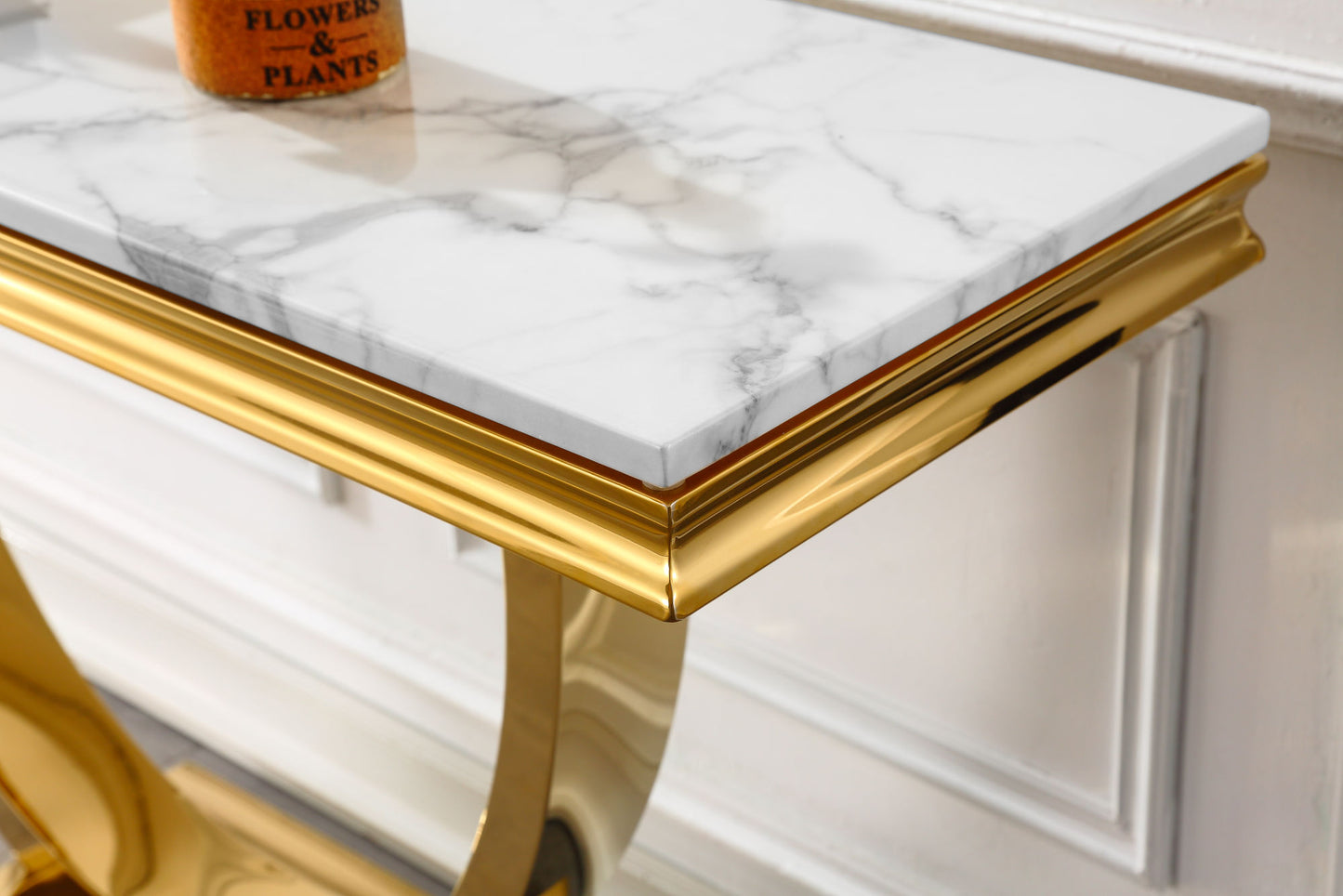 Modern Rectangular White Marble Console Table, 0.71" Thick Marble Top, U-Shape Stainless Steel Base with Gold Mirrored Finish