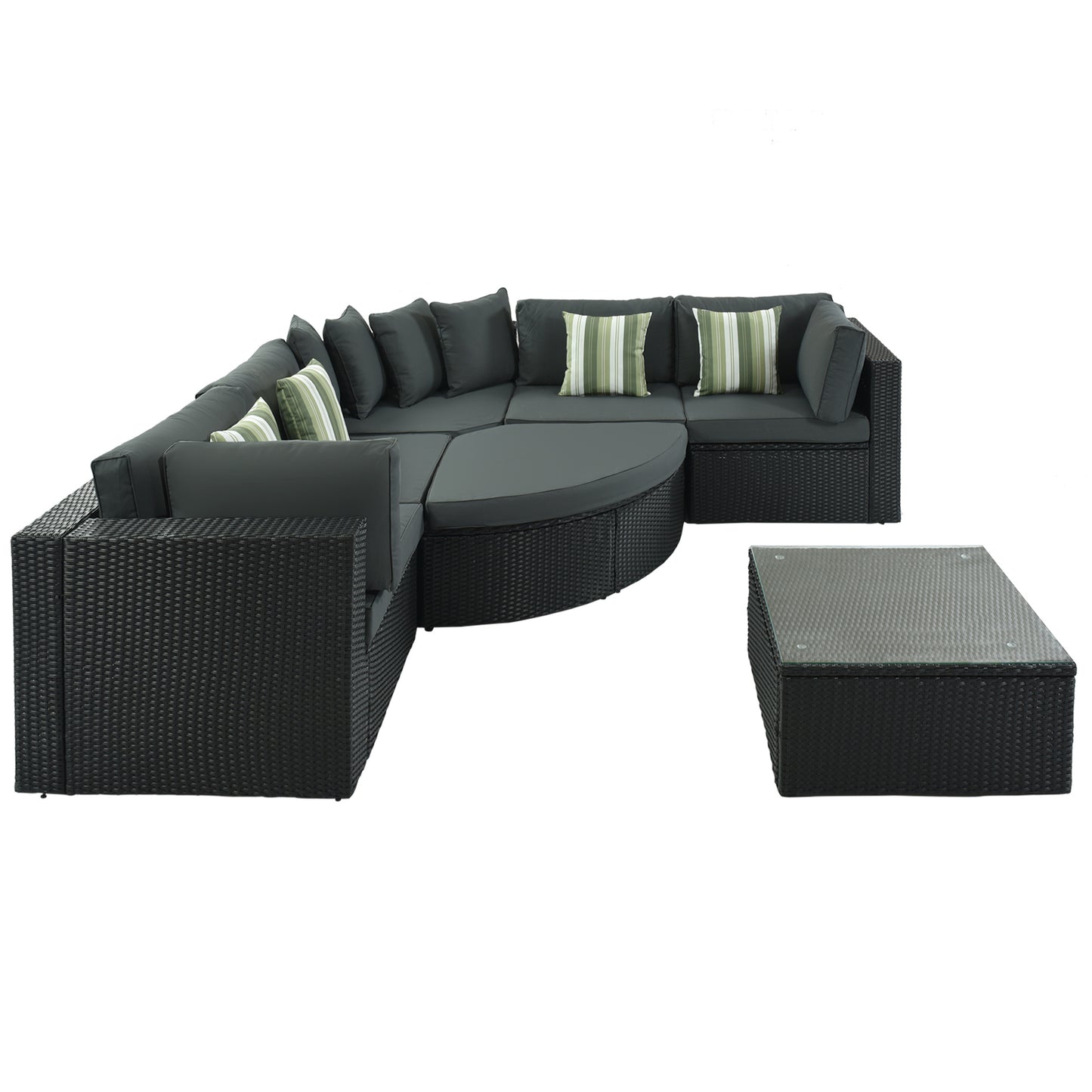 7-piece Outdoor Wicker Sofa Set; Rattan Sofa Lounger; With Striped Green Pillows; Conversation Sofa; For Patio; Garden; Deck; Black Wicker; Gray Cushion