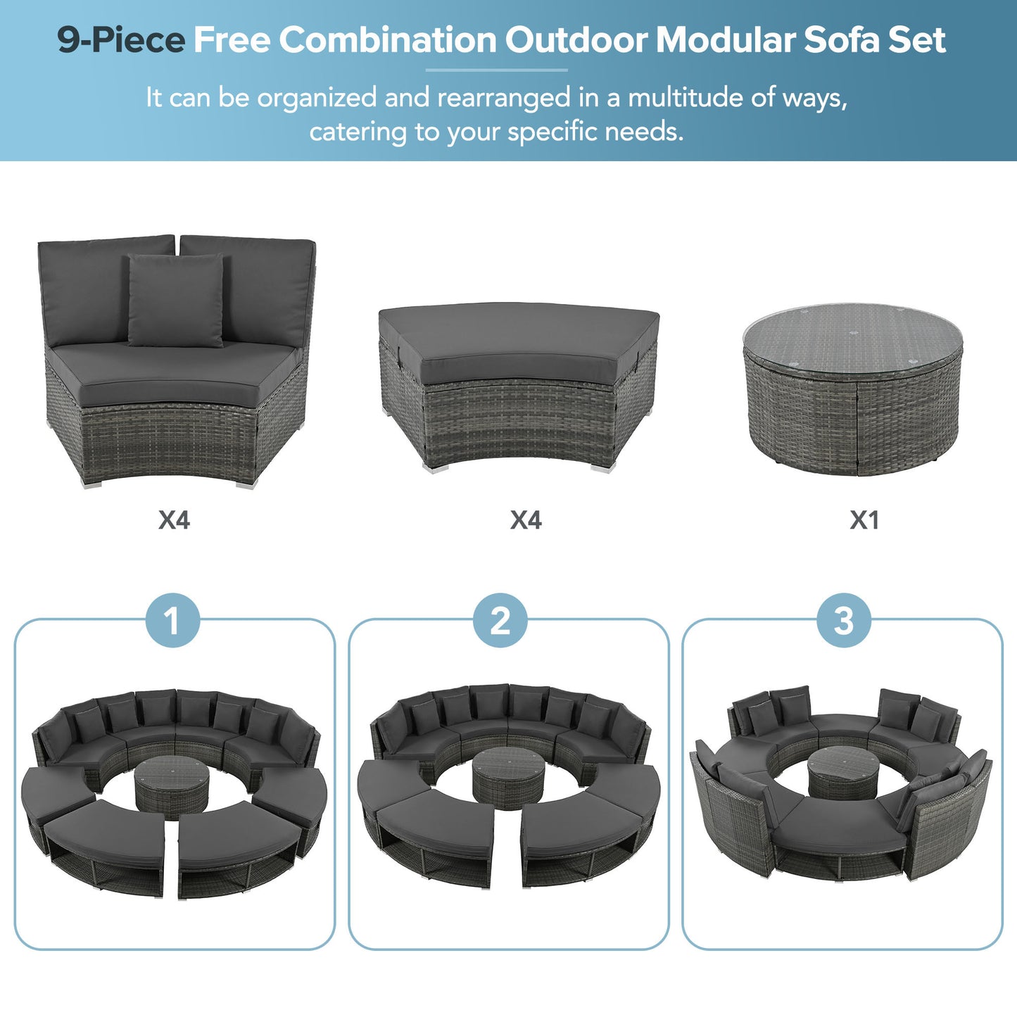 Outdoor Patio Furniture Luxury Circular Outdoor Sofa Set Rattan Wicker Sectional Sofa Lounge Set. 6 Pillows