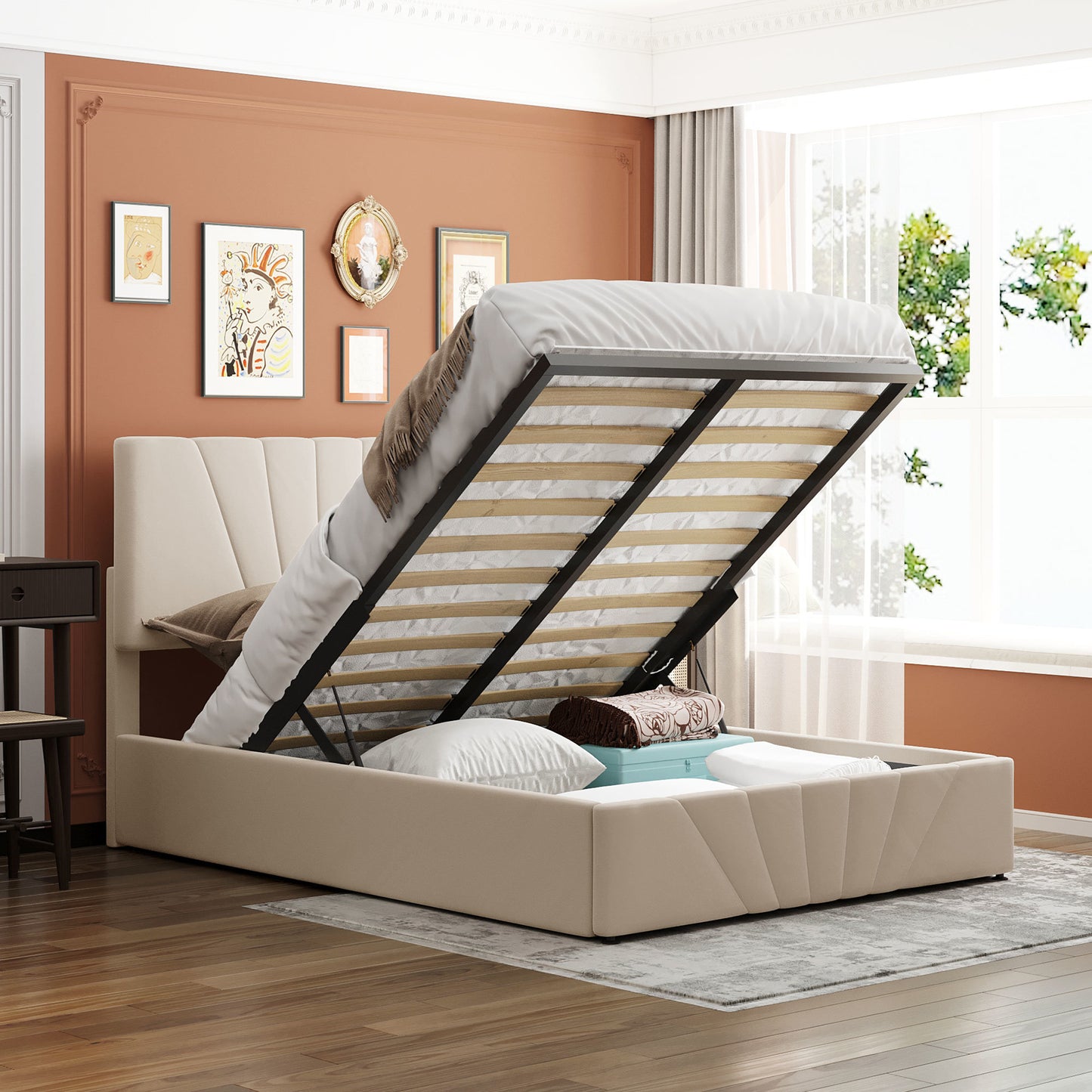 Full size Upholstered Platform bed with a Hydraulic Storage System