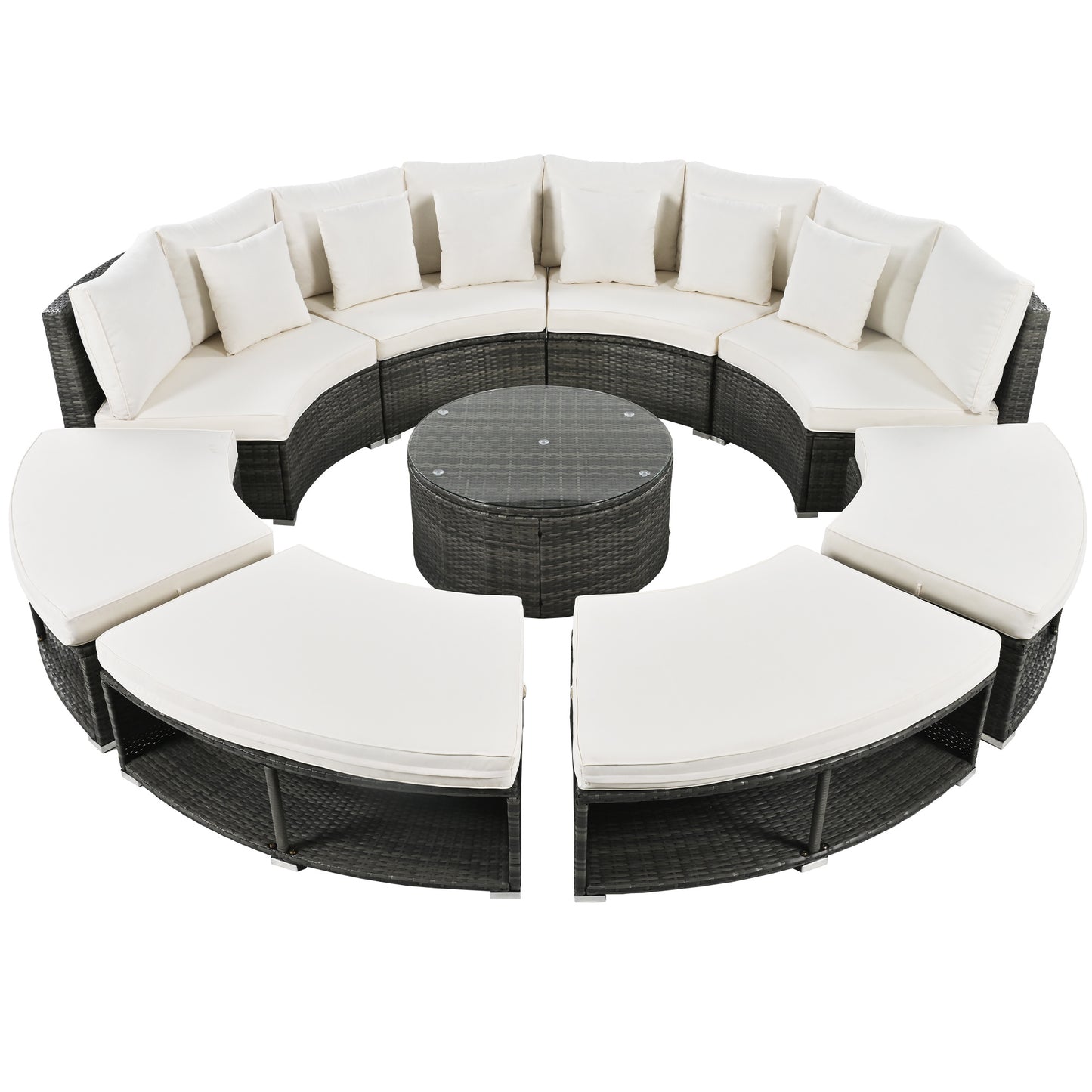 Outdoor Patio Furniture Luxury Circular Outdoor Sofa Set Rattan Wicker Sectional Sofa Lounge Set. 6 Pillows