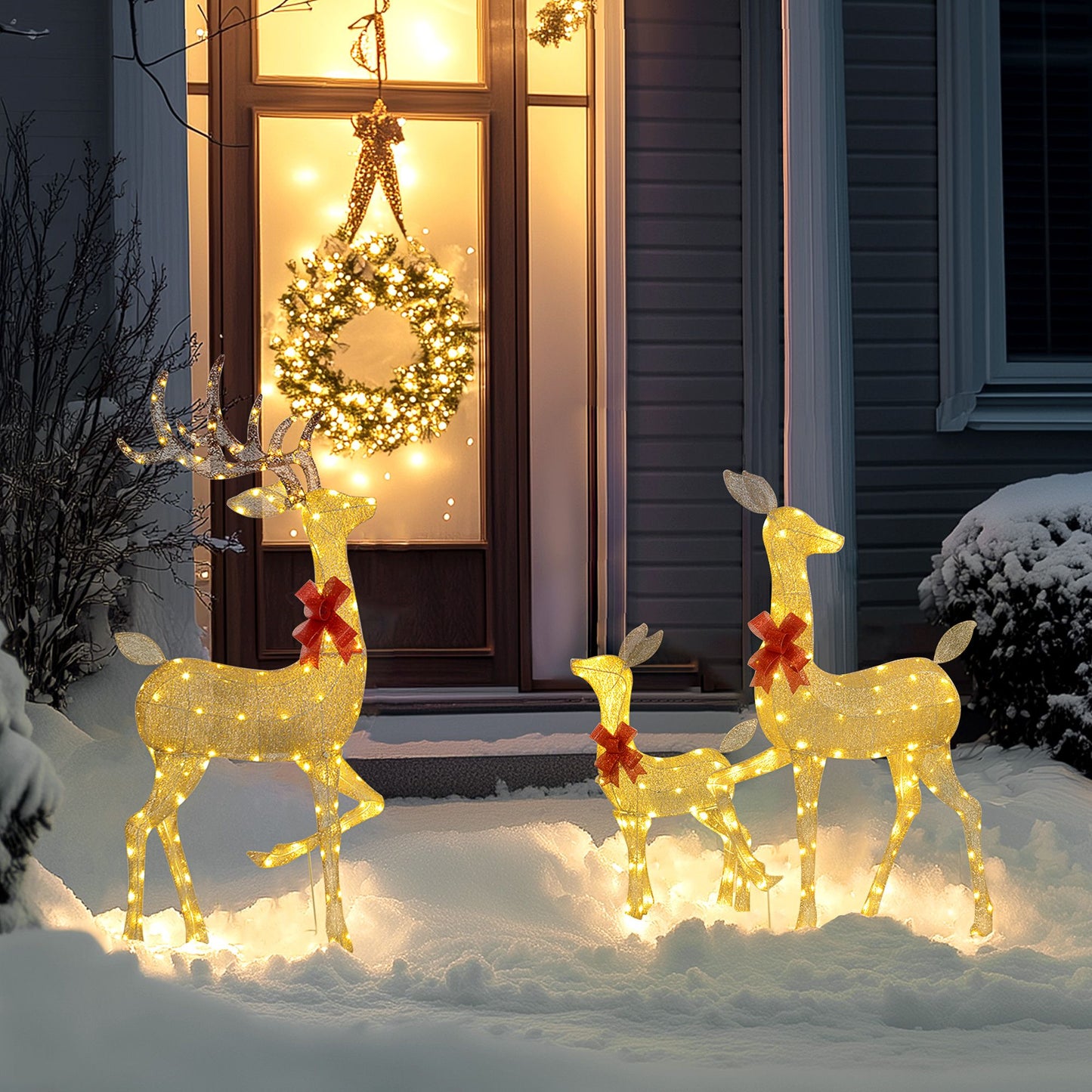 Outsunny 4.5ft 3-Piece Light Up Christmas Deer Family Set of 3, Lighted Reindeer Christmas Decorations with 3 LED Light Modes, Stakes, Zip Ties for Indoor, Outdoor, Yard, Lawn, Gold