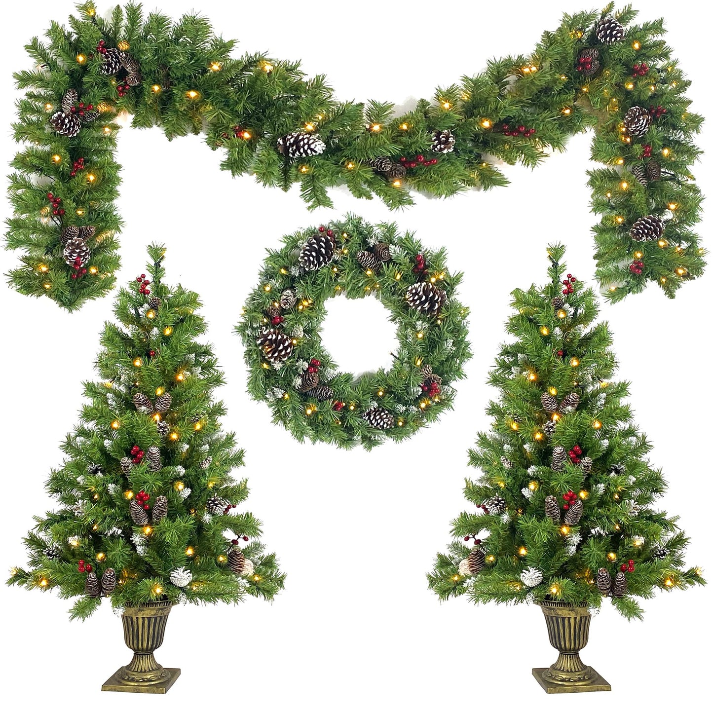 Pre-lit Artificial Christmas 4-Piece Set,Garland, Wreath and Set of 2 Entrance Trees