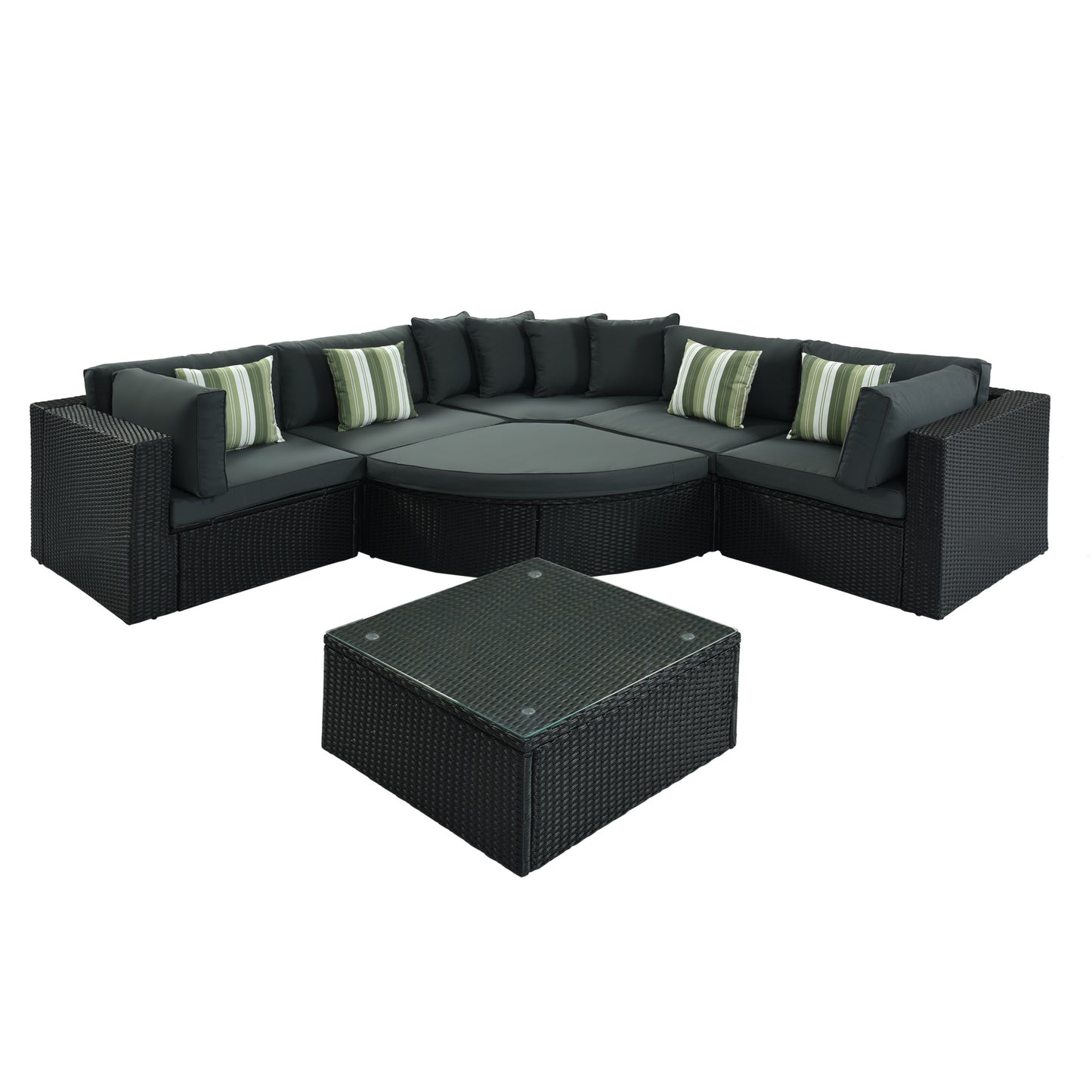 7-piece Outdoor Wicker Sofa Set; Rattan Sofa Lounger; With Striped Green Pillows; Conversation Sofa; For Patio; Garden; Deck; Black Wicker; Gray Cushion