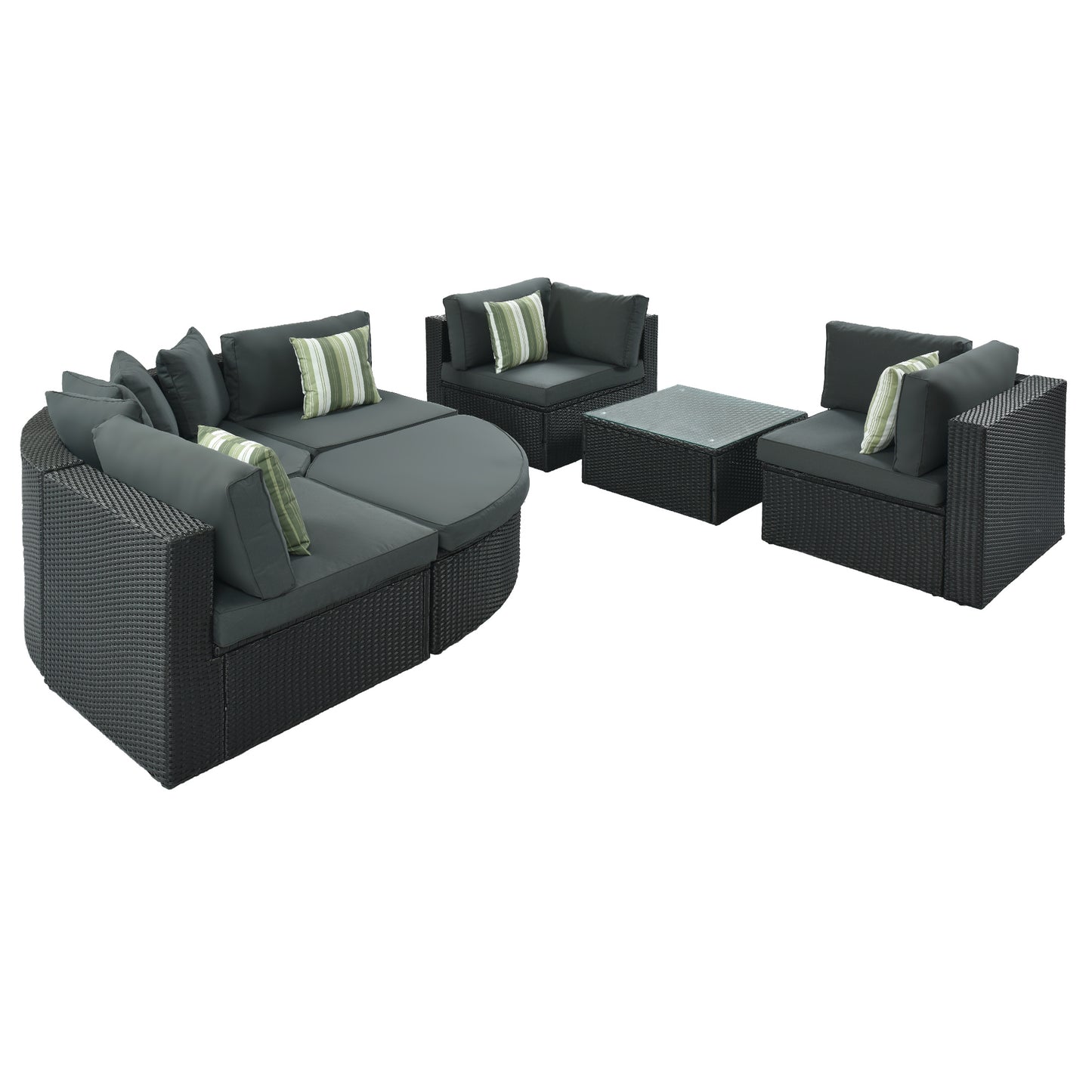 7-piece Outdoor Wicker Sofa Set; Rattan Sofa Lounger; With Striped Green Pillows; Conversation Sofa; For Patio; Garden; Deck; Black Wicker; Gray Cushion