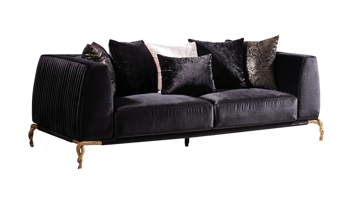 Majestic Shiny Thick Velvet Fabric Upholstered Sofa Made With Wood Finished in Black