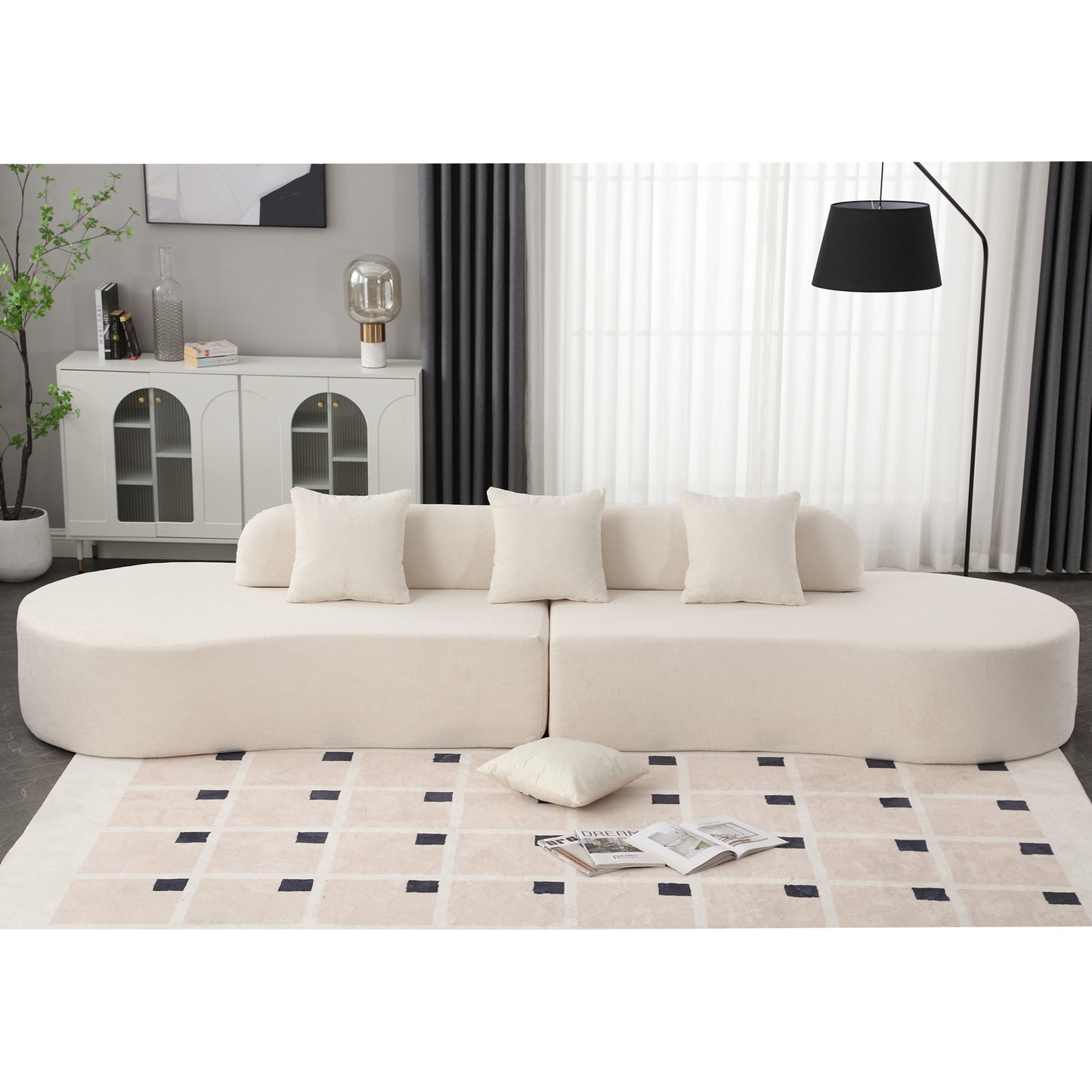 [NEW ARRIVED] [VIDEO PROVIDED] Modern curved combination sofa, terrycloth fabric sofa, minimalist sofa in living room, apartment, no assembly required, three pillows,Beige