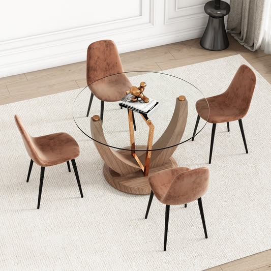 A modern minimalist round tempered glass dining table with a diameter of 48 inches. Glass desktop+MDF wood grain table legs and base. A set of 4 cushioned chairs 48 * 48 '' * 30 '' DT-908 B0501A