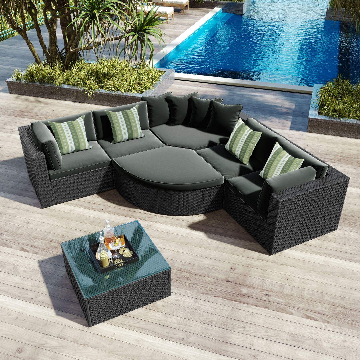 7-piece Outdoor Wicker Sofa Set; Rattan Sofa Lounger; With Striped Green Pillows; Conversation Sofa; For Patio; Garden; Deck; Black Wicker; Gray Cushion