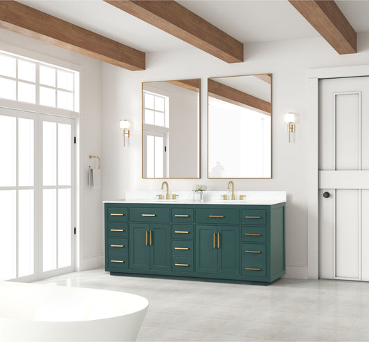 84" Bathroom Vanity with Double Sink, Modern Bathroom Vanity Set with Soft-Close Cabinet and 9 Drawers, Solid Wood Bathroom Storage Cabinet with Countertop and Backsplash, Green