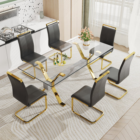 1 table and 6 chairs. Modern simple luxury tempered glass rectangular dining table and desk with 6 black PU gold plated leg chairs 79''x39''x30''