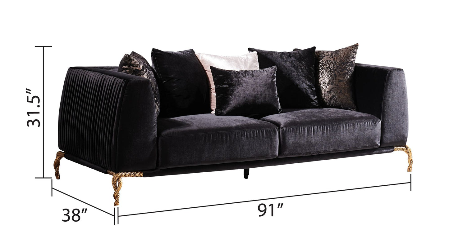 Majestic Shiny Thick Velvet Fabric Upholstered Sofa Made With Wood Finished in Black