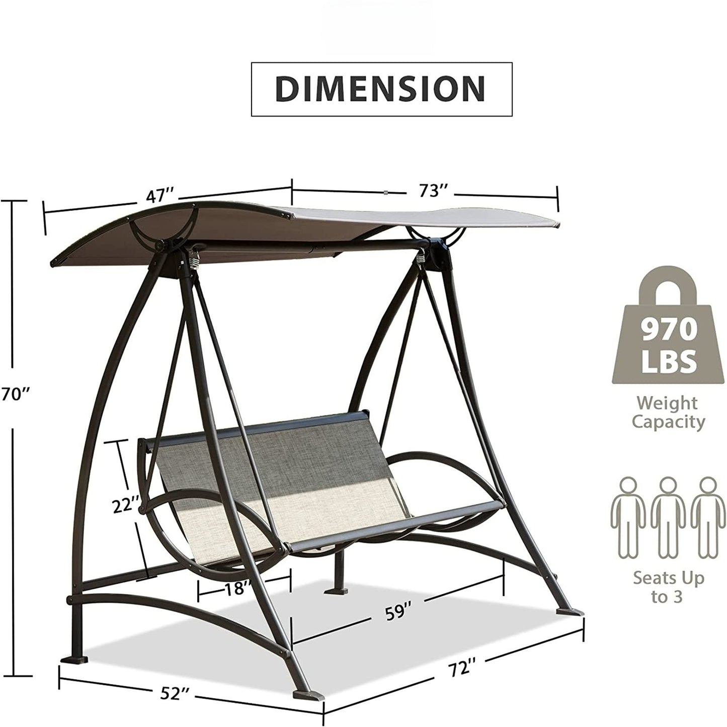 3-Seat Patio Swing Chair, Outdoor Porch Swing with Adjustable Canopy and Durable Steel Frame, Patio Swing Glider for Garden, Deck, Porch, Backyard