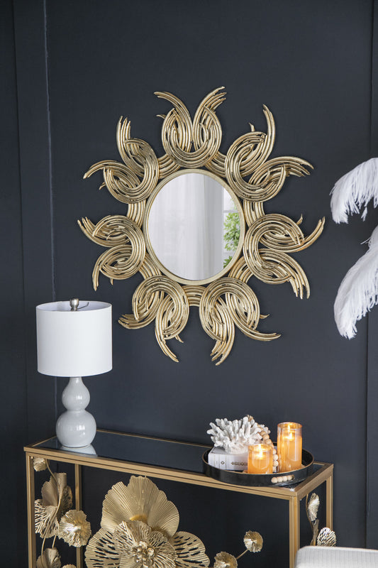 38" Sunburst Metal Decorative Mirror with Gold Finish, Boho Wall Decor Sun Mirror for Living Room Bathroom Enterway