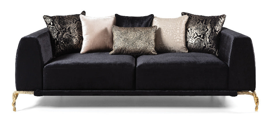 Majestic Shiny Thick Velvet Fabric Upholstered Sofa Made With Wood Finished in Black